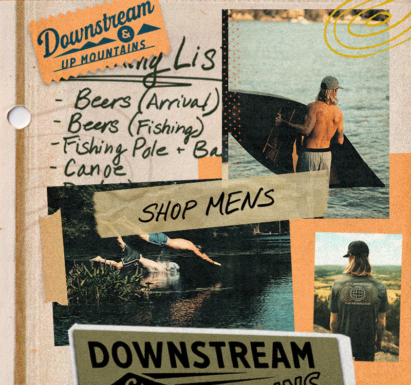 Collage of outdoor activities and 'Downstream' branding with text and images of people by a lake.