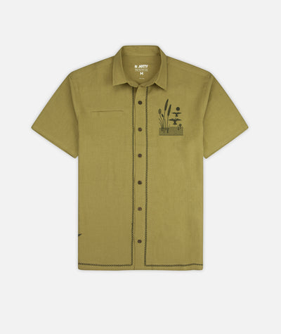 Marshall Embroidered Linen Shirt - Olive - Jetty